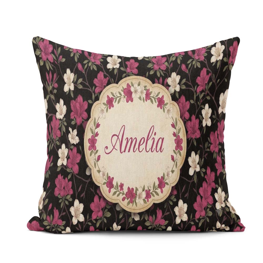Custom Name Elegant Pink Floral on Deep Dark Background Seamless Square Filled Cushion Throw Pillow Sofa Bed Home Decor Zip Washable UK Made