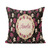 Custom Name Elegant Pink Floral on Deep Dark Background Seamless Square Filled Cushion Throw Pillow Sofa Bed Home Decor Zip Washable UK Made