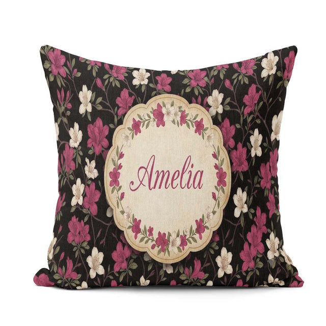 Custom Name Elegant Pink Floral on Deep Dark Background Seamless Square Filled Cushion Throw Pillow Sofa Bed Home Decor Zip Washable UK Made