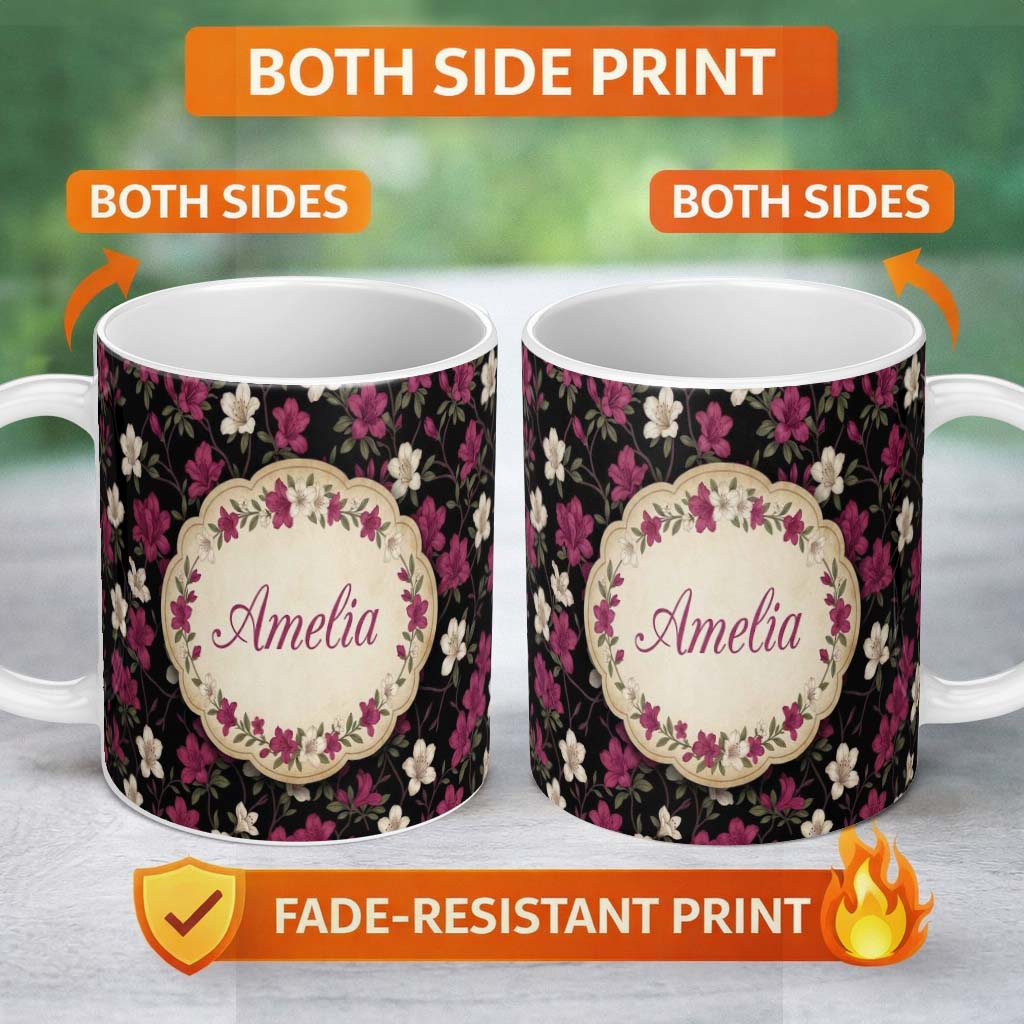 Personalized Custom Name Elegant Pink Floral Arrangement on Deep Dark Background Seamless 11oz Ceramic Coffee Tea Mug White Large Handle