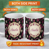 Personalized Custom Name Elegant Pink Floral Arrangement on Deep Dark Background Seamless 11oz Ceramic Coffee Tea Mug White Large Handle