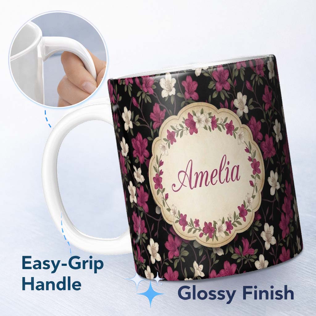 Personalized Custom Name Elegant Pink Floral Arrangement on Deep Dark Background Seamless 11oz Ceramic Coffee Tea Mug White Large Handle