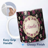 Personalized Custom Name Elegant Pink Floral Arrangement on Deep Dark Background Seamless 11oz Ceramic Coffee Tea Mug White Large Handle