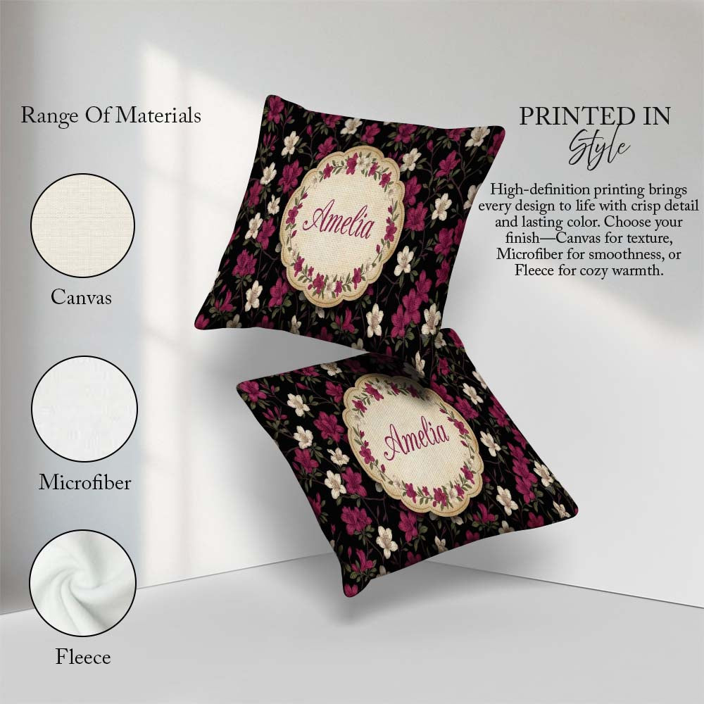 Custom Name Elegant Pink Floral on Deep Dark Background Seamless Square Filled Cushion Throw Pillow Sofa Bed Home Decor Zip Washable UK Made