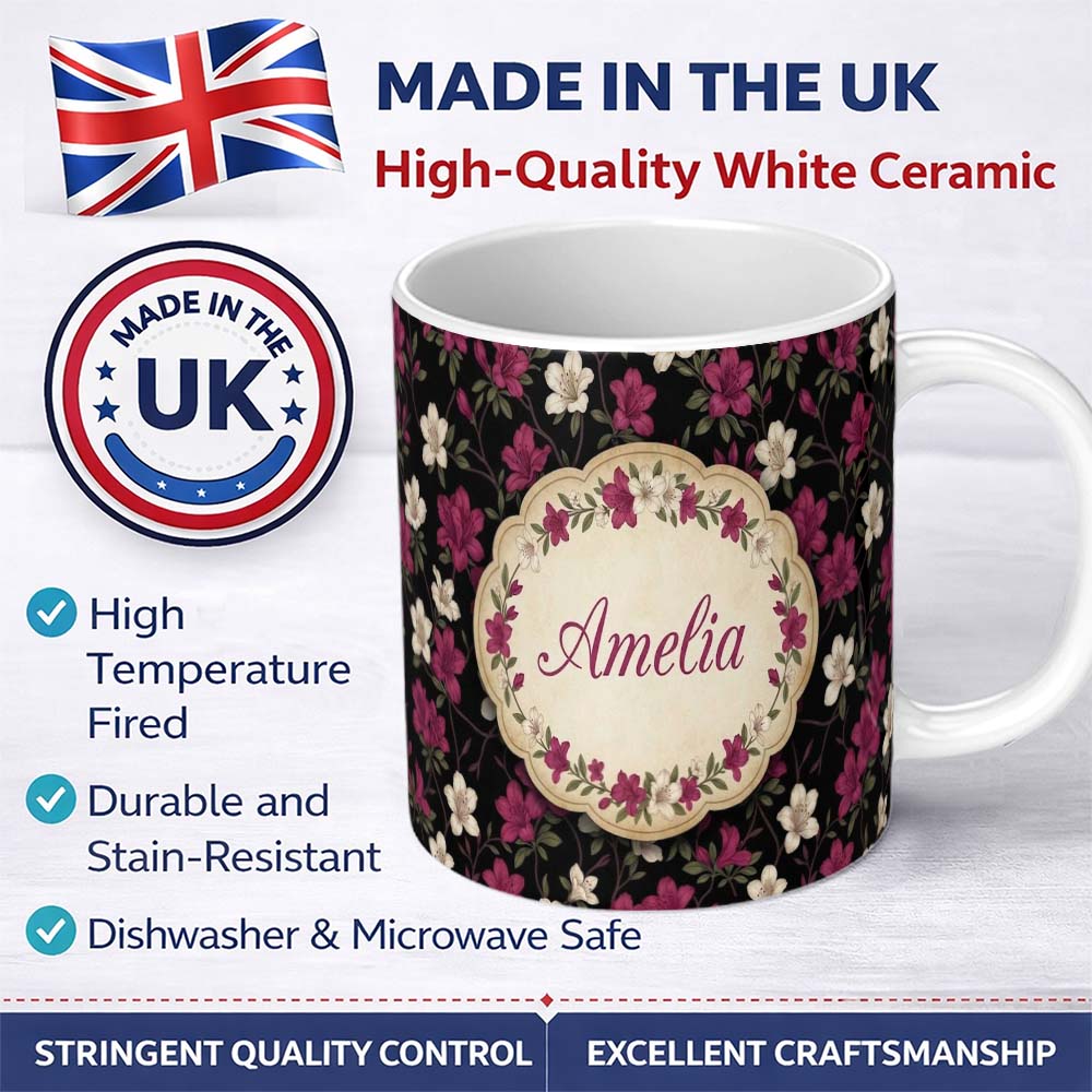 Personalized Custom Name Elegant Pink Floral Arrangement on Deep Dark Background Seamless 11oz Ceramic Coffee Tea Mug White Large Handle