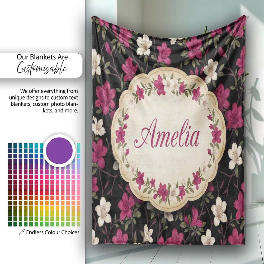 Elegant Pink Floral Arrangement on Deep Dark Background Seamless  Personalised Custom Name Super Soft Fleece Blanket Bed Sofa Throw