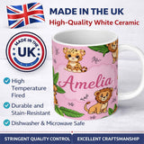 Personalized Custom Name Cute Jungle Animals Lion Tiger Leopard Pink Background Tropical 11oz Ceramic Coffee Tea Mug White Large Handle