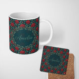 Personalized Custom Name Elegant Red Rose Seamless Floral Pattern on Dark Teal Background 11oz Ceramic Coffee Tea Mug White Large Handle