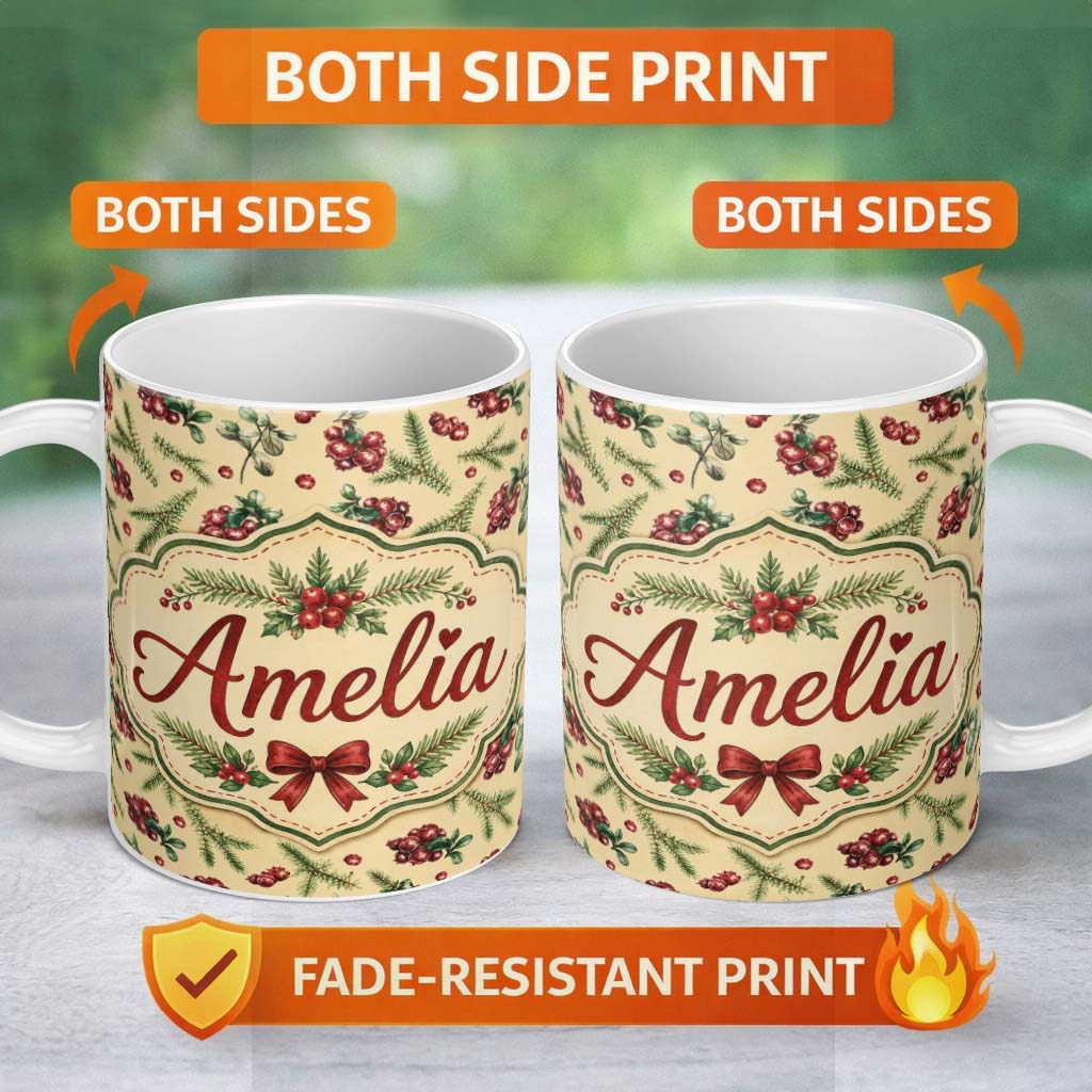 Personalized Custom Name Watercolor Holly Berries Pine Branches and Botanical Christmas 11oz Ceramic Coffee Tea Mug White Large Handle