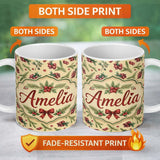 Personalized Custom Name Watercolor Holly Berries Pine Branches and Botanical Christmas 11oz Ceramic Coffee Tea Mug White Large Handle