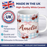 Personalized Custom Name Cherry Bow Ribbon Cute Blue Gingham Picnic Check Seamless Pattern 11oz Ceramic Coffee Tea Mug White Large Handle
