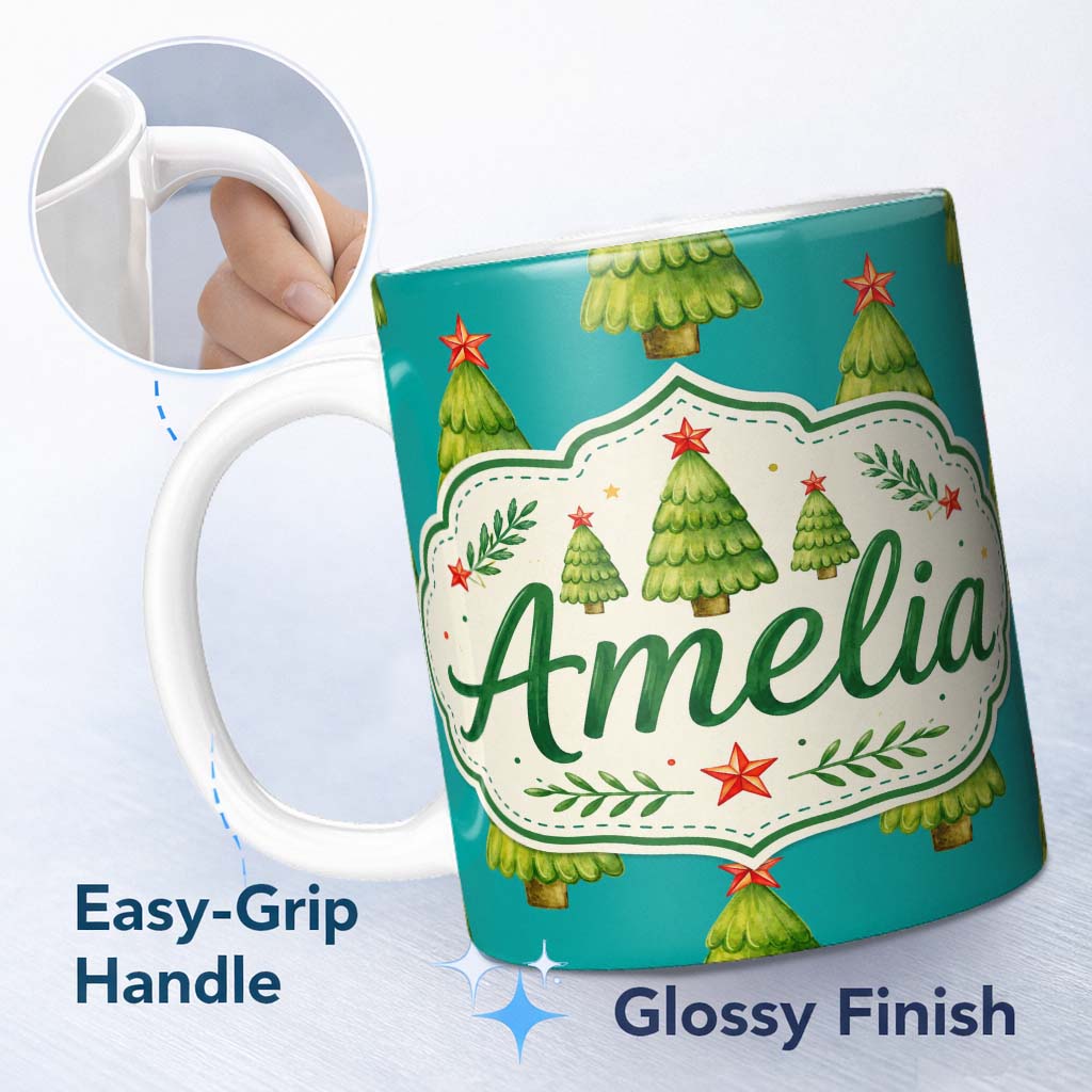 Personalized Custom Name Watercolor Christmas Trees with Red Star on Teal Background Seamless 11oz Ceramic Coffee Tea Mug White Large Handle