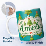 Personalized Custom Name Watercolor Christmas Trees with Red Star on Teal Background Seamless 11oz Ceramic Coffee Tea Mug White Large Handle