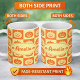 Personalized Custom Name Halloween Pumpkin Faces in Warm Yellow and Orange Grid Seamless 11oz Ceramic Coffee Tea Mug White Large Handle
