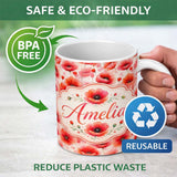Personalized Custom Name Light Pastel Poppy Flowers Soft Artistic Seamless Pattern Lovely 11oz Ceramic Coffee Tea Mug White Large Handle