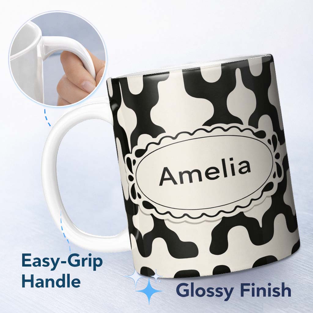 Personalized Custom Name Retro Blob Shapes Black Cream Mid Century Abstract Pattern Lovely 11oz Ceramic Coffee Tea Mug White Large Handle