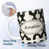 Personalized Custom Name Retro Blob Shapes Black Cream Mid Century Abstract Pattern Lovely 11oz Ceramic Coffee Tea Mug White Large Handle