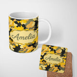 Personalized Custom Name Yellow Desert Camouflage Abstract Seamless Pattern Cute Unique Gift 11oz Ceramic Coffee Tea Mug White Large Handle