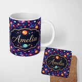 Personalized Custom Name Colorful Cartoon Planets Galaxy Purple Space Seamless Pattern Fun 11oz Ceramic Coffee Tea Mug White Large Handle