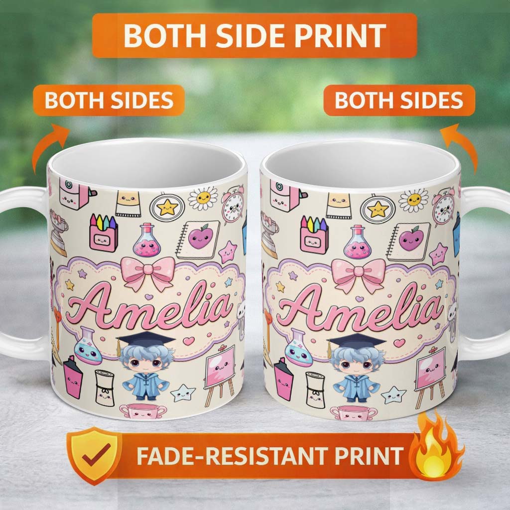 Personalized Custom Name Cute Kawaii Graduate Boy Science Art Supplies Seamless Pattern Cream 11oz Ceramic Coffee Tea Mug White Large Handle
