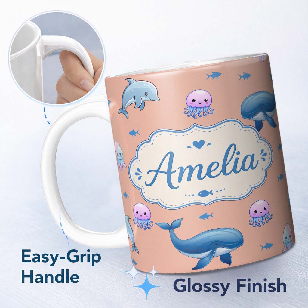 Personalized Custom Name Cute Dolphin Shark and Jellyfish Ocean Animals Peach Background 11oz Ceramic Coffee Tea Mug White Large Handle