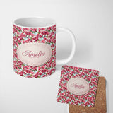 Personalized Custom Name Soft Pink Blossoms on Light Blue Background Seamless Pattern Name 11oz Ceramic Coffee Tea Mug White Large Handle