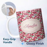 Personalized Custom Name Soft Pink Blossoms on Light Blue Background Seamless Pattern Name 11oz Ceramic Coffee Tea Mug White Large Handle