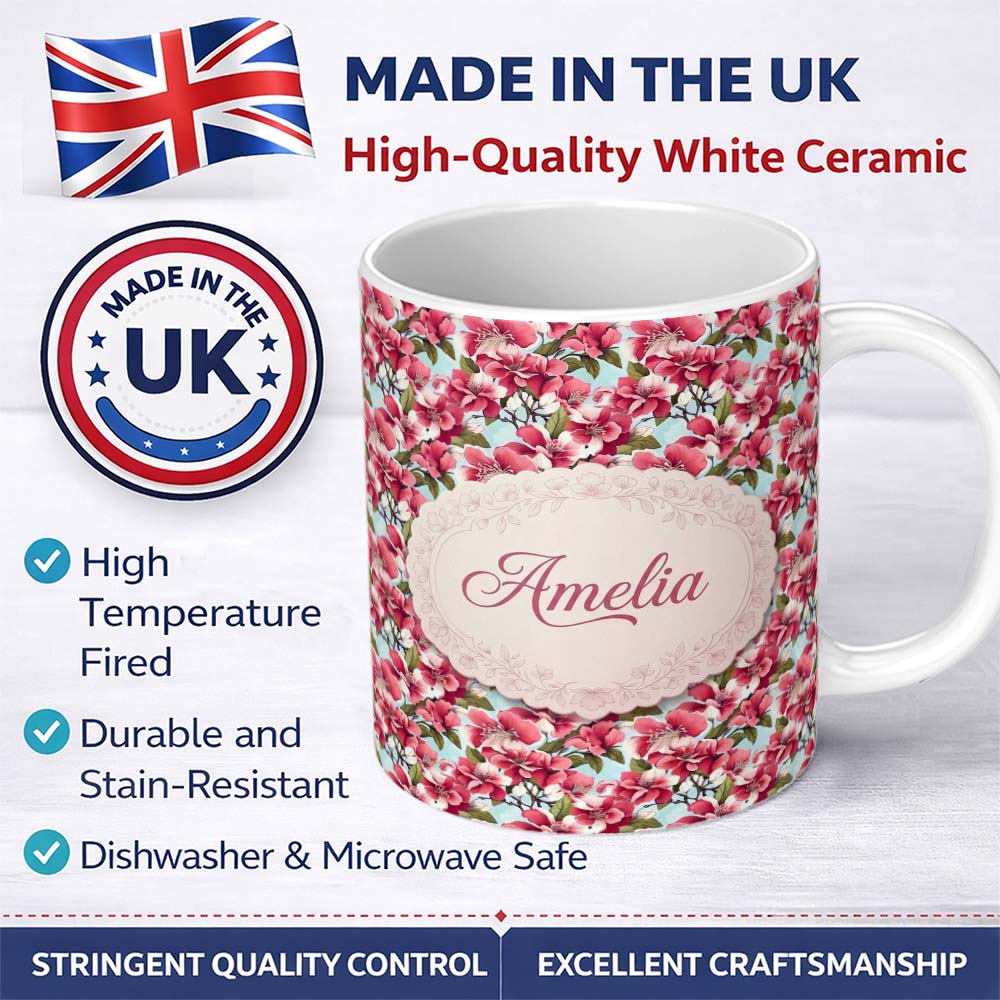 Personalized Custom Name Soft Pink Blossoms on Light Blue Background Seamless Pattern Name 11oz Ceramic Coffee Tea Mug White Large Handle