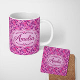 Personalized Custom Name Vibrant Pink Floral Garden on Purple Background Seamless Pattern 11oz Ceramic Coffee Tea Mug White Large Handle