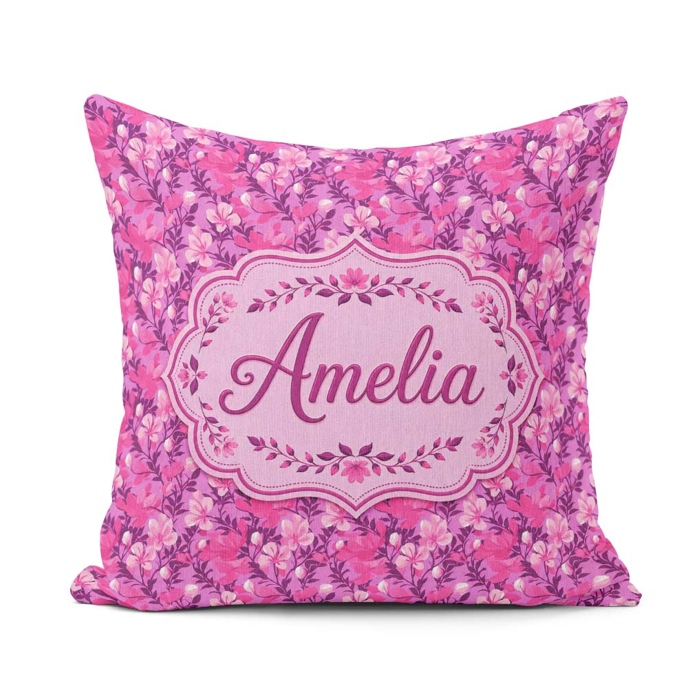 Custom Name Vibrant Pink Floral Garden Purple Background Pattern Square Filled Cushion Throw Pillow Sofa Bed Home Decor Zip Washable UK Made