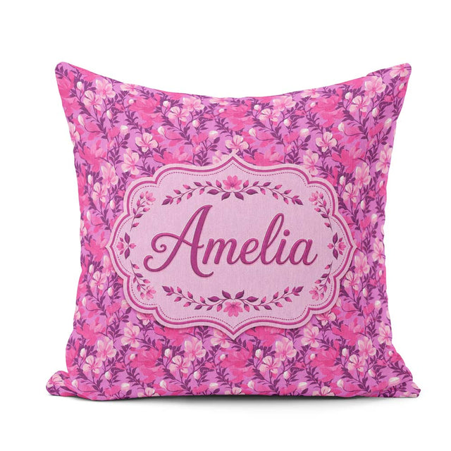 Custom Name Vibrant Pink Floral Garden Purple Background Pattern Square Filled Cushion Throw Pillow Sofa Bed Home Decor Zip Washable UK Made