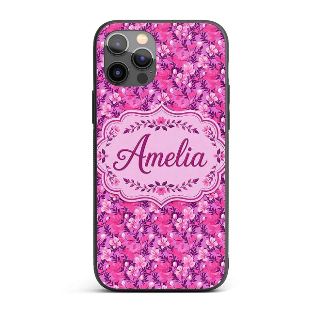 Vibrant Pink Floral Garden on Purple Background Custom Name Protective Phone Case Mobile Cover Durable Everyday Smartphone Shock Resistant