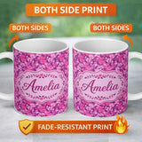 Personalized Custom Name Vibrant Pink Floral Garden on Purple Background Seamless Pattern 11oz Ceramic Coffee Tea Mug White Large Handle