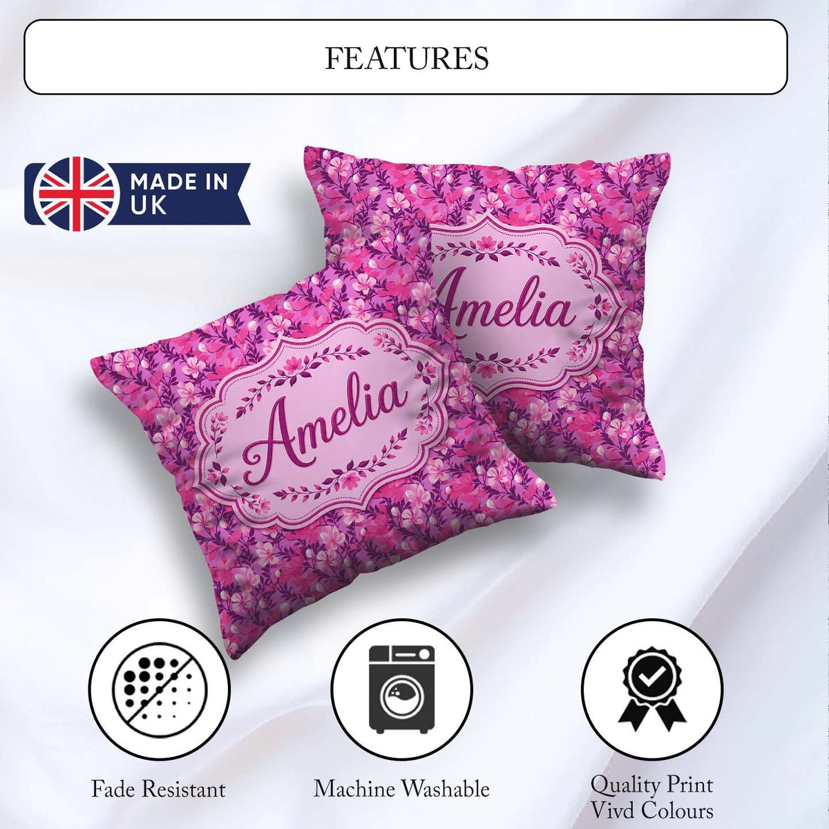 Custom Name Vibrant Pink Floral Garden Purple Background Pattern Square Filled Cushion Throw Pillow Sofa Bed Home Decor Zip Washable UK Made