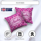 Custom Name Vibrant Pink Floral Garden Purple Background Pattern Square Filled Cushion Throw Pillow Sofa Bed Home Decor Zip Washable UK Made