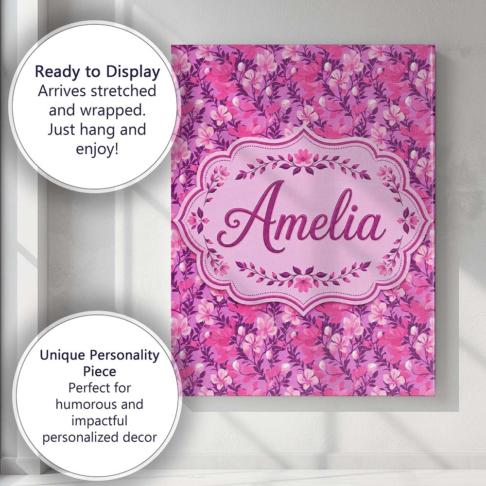 Personalised Name Vibrant Pink Floral Custom Modern Room Accent Creative Decorator Style Canvas Wall Art Print Decor Picture Ready to Hang