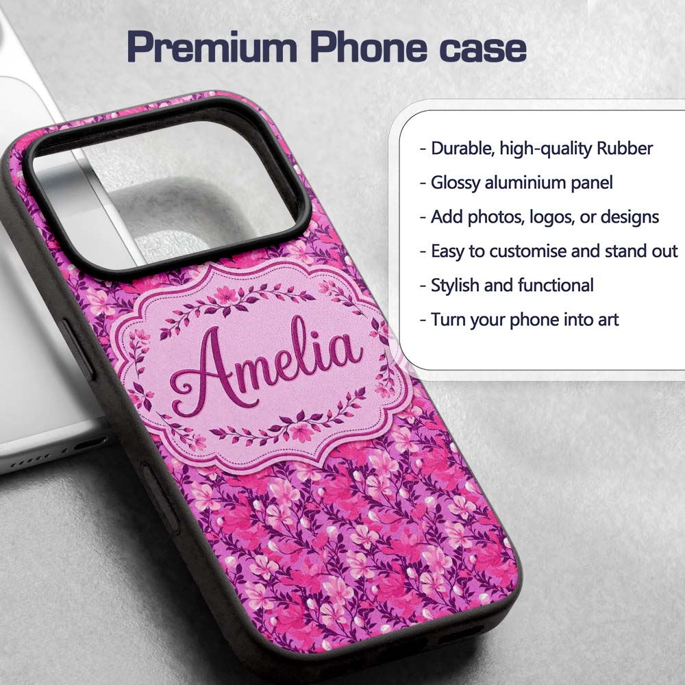 Vibrant Pink Floral Garden on Purple Background Custom Name Protective Phone Case Mobile Cover Durable Everyday Smartphone Shock Resistant