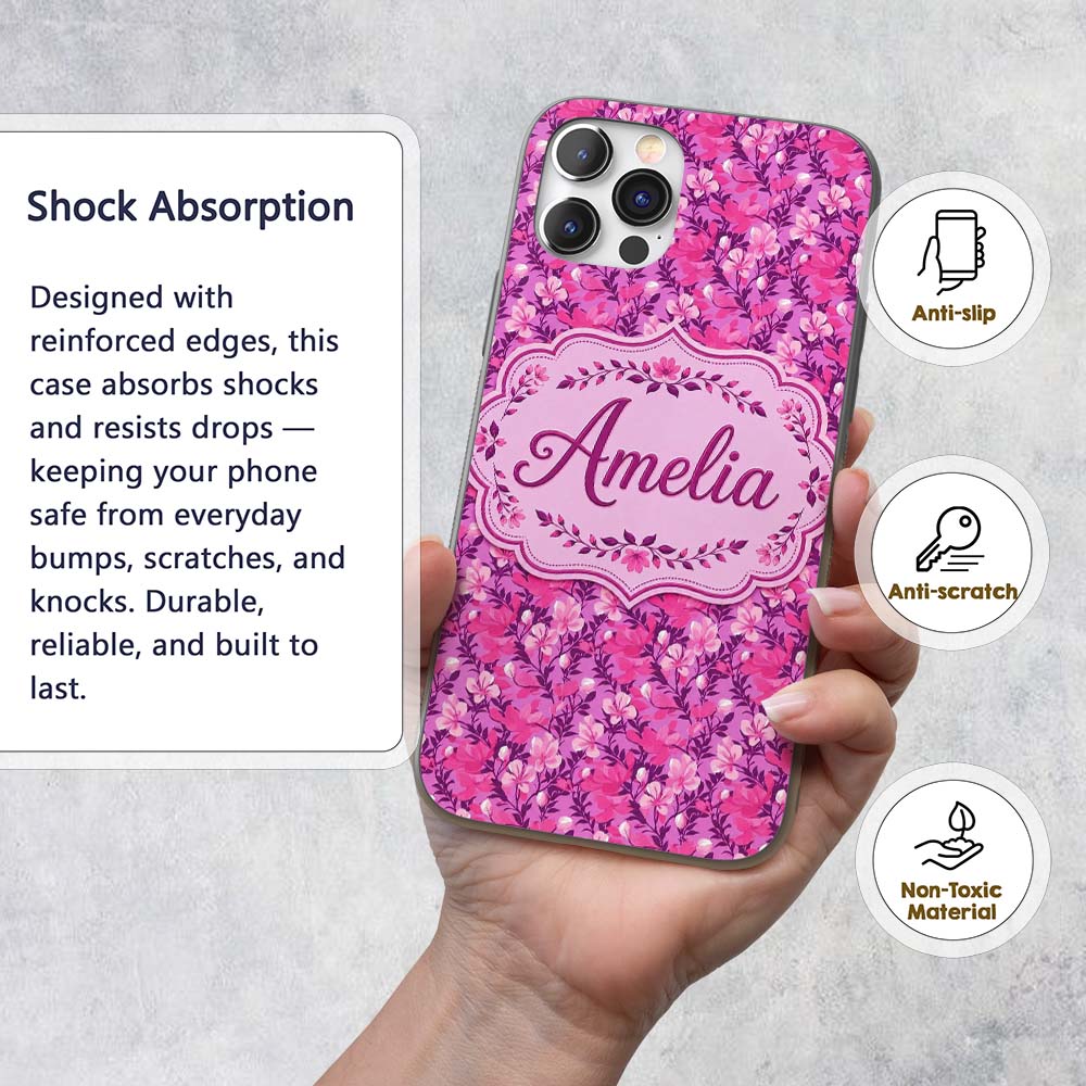Vibrant Pink Floral Garden on Purple Background Custom Name Protective Phone Case Mobile Cover Durable Everyday Smartphone Shock Resistant
