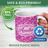 Personalized Custom Name Vibrant Pink Floral Garden on Purple Background Seamless Pattern 11oz Ceramic Coffee Tea Mug White Large Handle