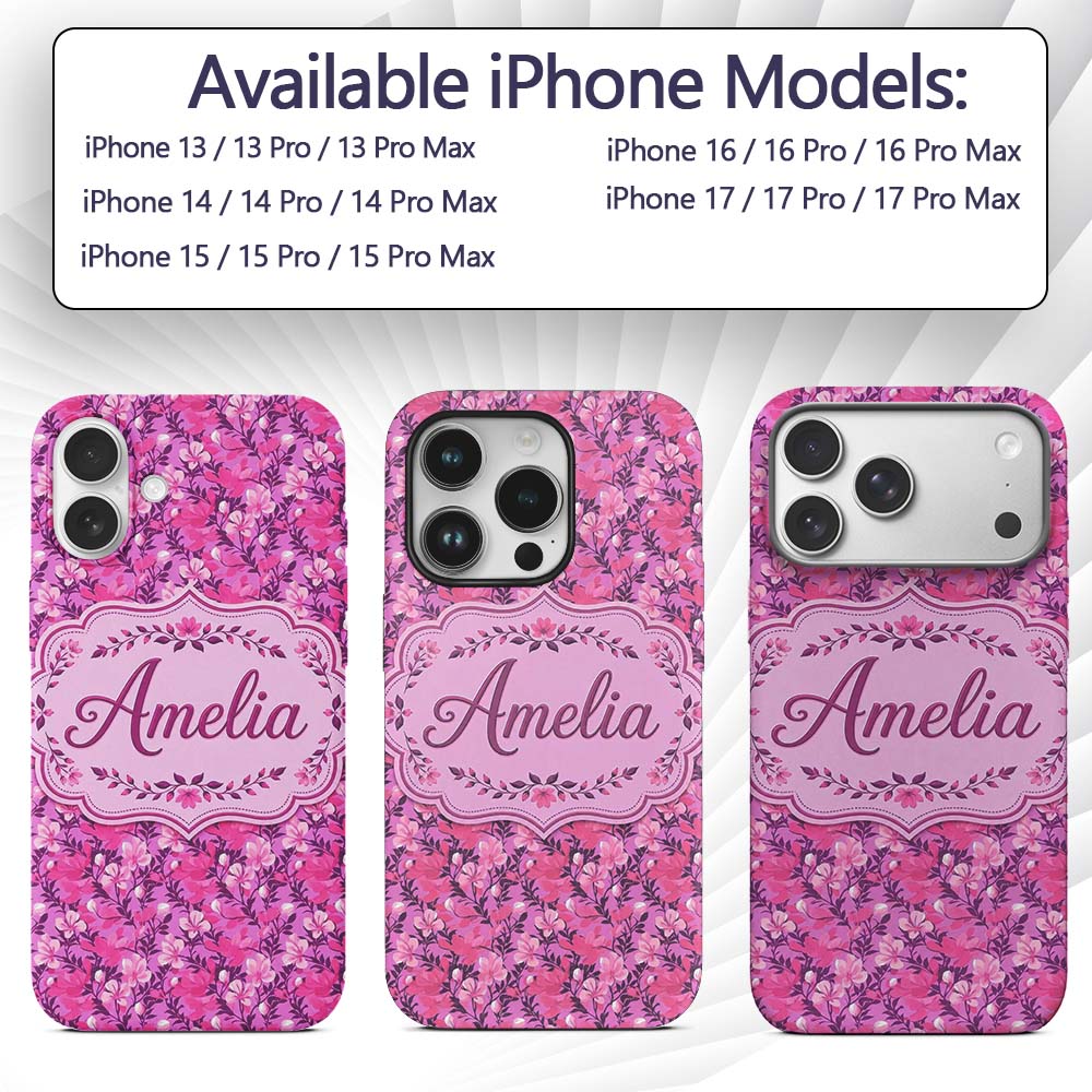Vibrant Pink Floral Garden on Purple Background Custom Name Protective Phone Case Mobile Cover Durable Everyday Smartphone Shock Resistant