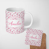 Personalized Custom Name Light Cherry Blossom Branches on Soft Grey Background Seamless 11oz Ceramic Coffee Tea Mug White Large Handle