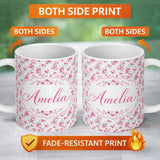 Personalized Custom Name Light Cherry Blossom Branches on Soft Grey Background Seamless 11oz Ceramic Coffee Tea Mug White Large Handle