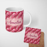 Personalized Custom Name Romantic Pink Blossoms on Warm Pastel Background Seamless Pattern 11oz Ceramic Coffee Tea Mug White Large Handle
