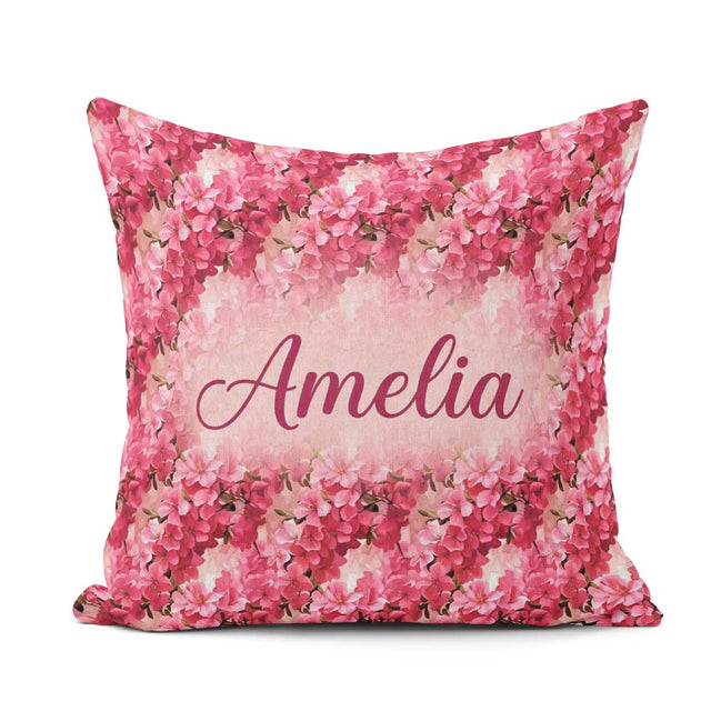 Custom Name Romantic Pink Blossoms on Pastel Background Seamless Square Filled Cushion Throw Pillow Sofa Bed Home Decor Zip Washable UK Made