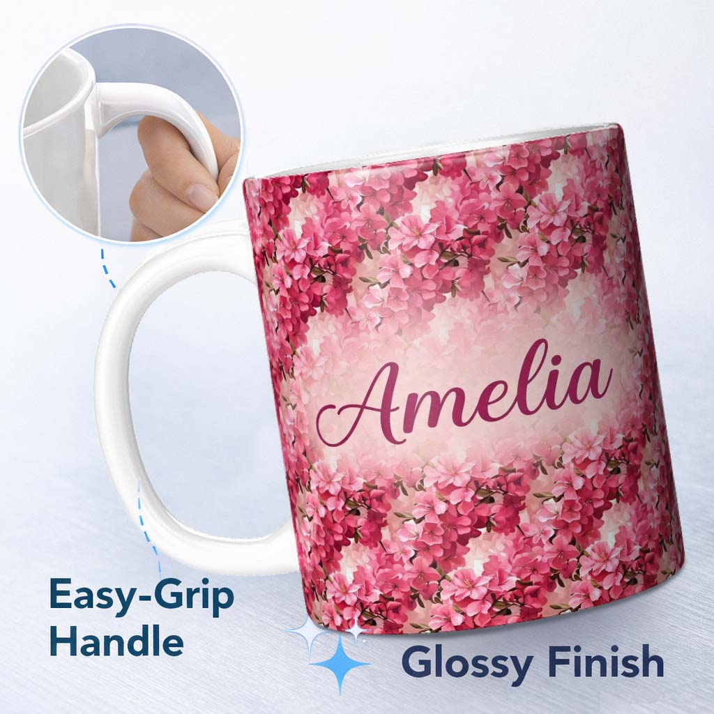 Personalized Custom Name Romantic Pink Blossoms on Warm Pastel Background Seamless Pattern 11oz Ceramic Coffee Tea Mug White Large Handle