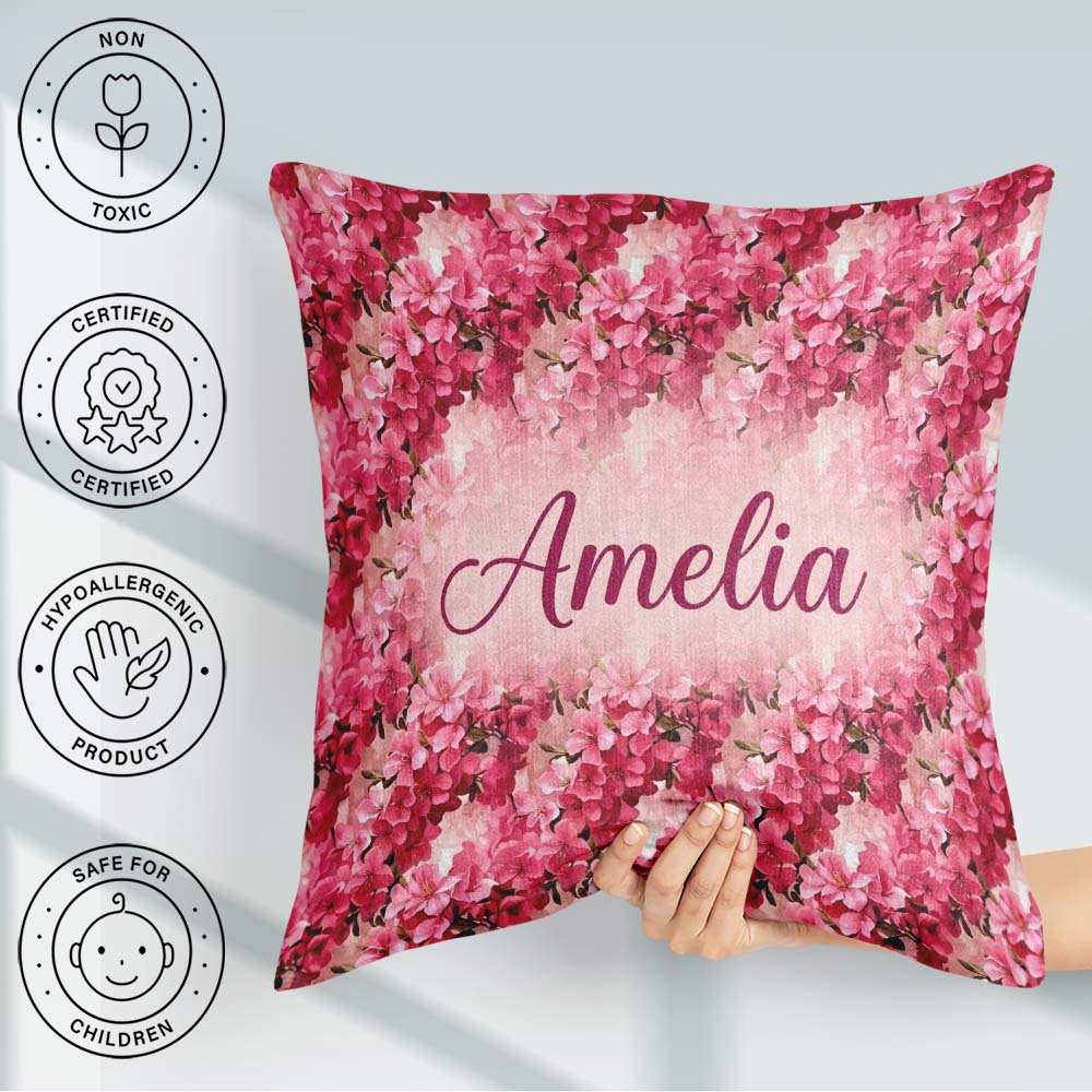 Custom Name Romantic Pink Blossoms on Pastel Background Seamless Square Filled Cushion Throw Pillow Sofa Bed Home Decor Zip Washable UK Made