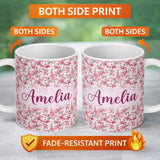 Personalized Custom Name Soft Pink Magnolia Blossom Branches on Pastel Background Seamless 11oz Ceramic Coffee Tea Mug White Large Handle