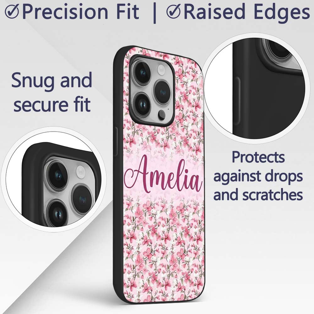 Soft Pink Magnolia Blossom Branches on Pastel Custom Name Protective Phone Case Mobile Cover Durable Everyday Smartphone Shock Resistant