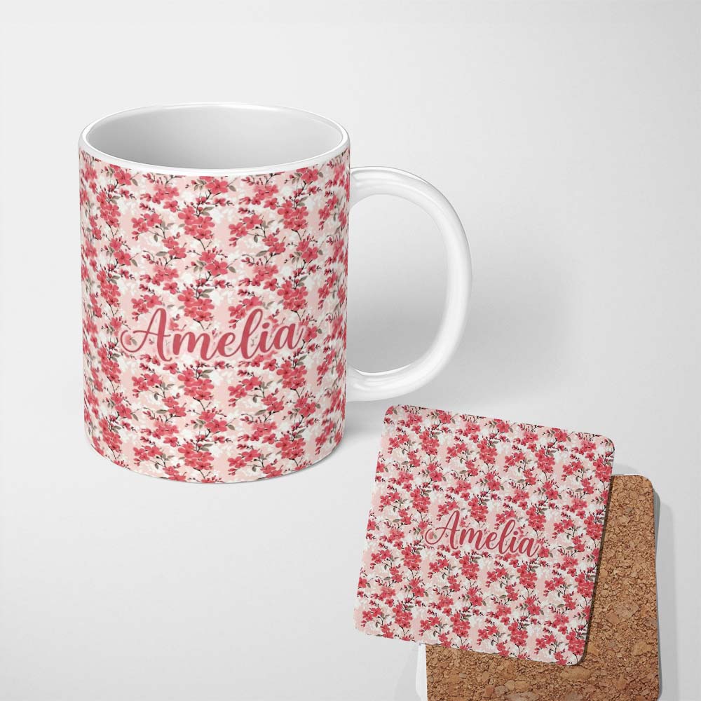 Personalized Custom Name Coral Cherry Blossom Floral Branches on Beige Background Seamless 11oz Ceramic Coffee Tea Mug White Large Handle