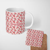 Personalized Custom Name Coral Cherry Blossom Floral Branches on Beige Background Seamless 11oz Ceramic Coffee Tea Mug White Large Handle